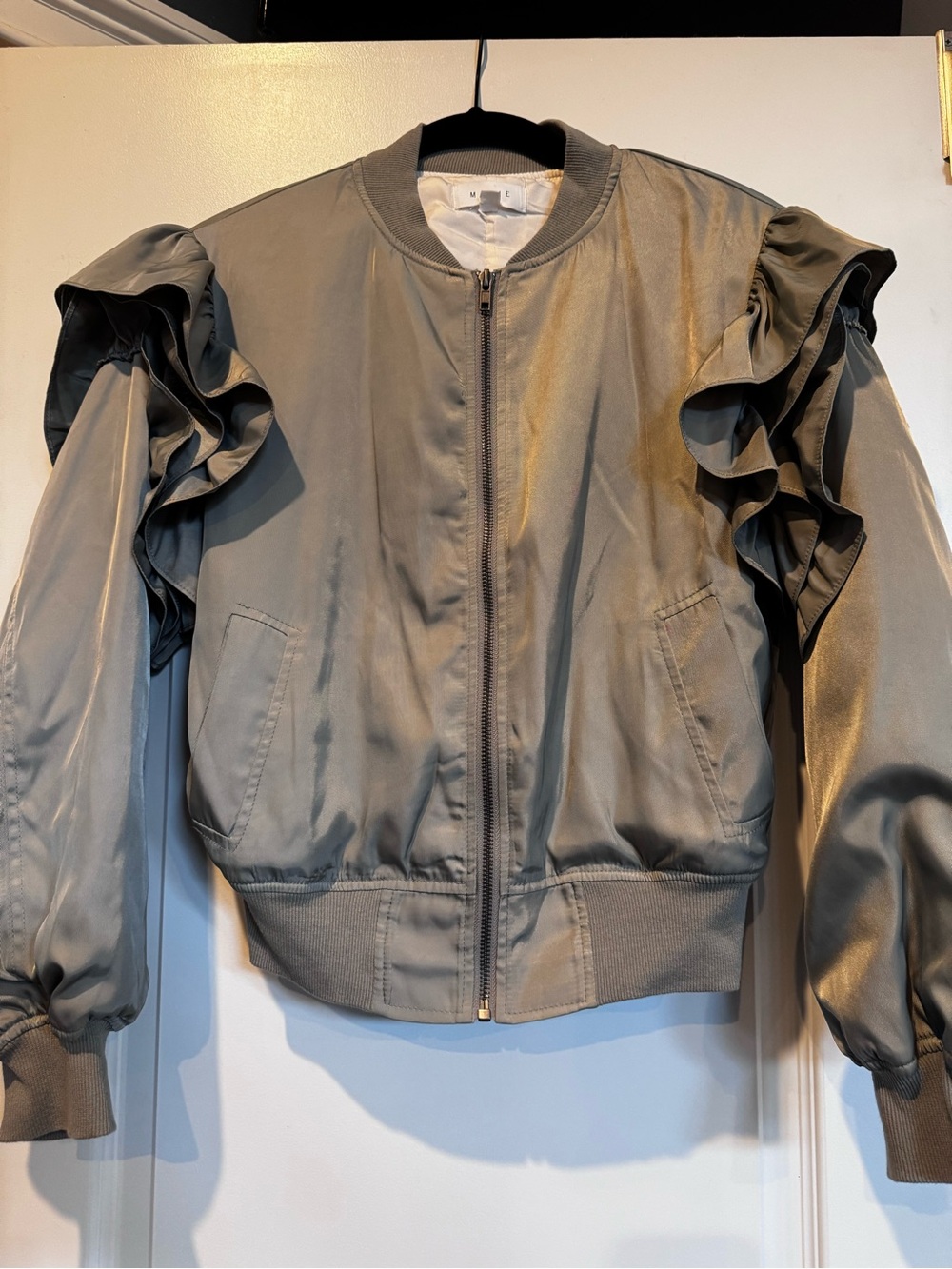 MABLE Anthropologie Ruffle Sleeve Satin Bomber Jacket Olive Small